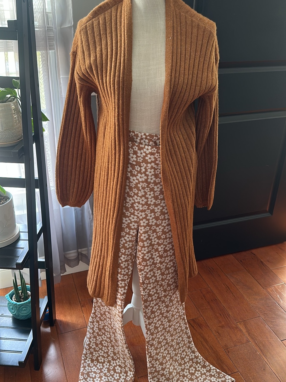 Cozy Ribbed Open-Front Cardigan in Caramel with cute flower wide leg pants. Set
